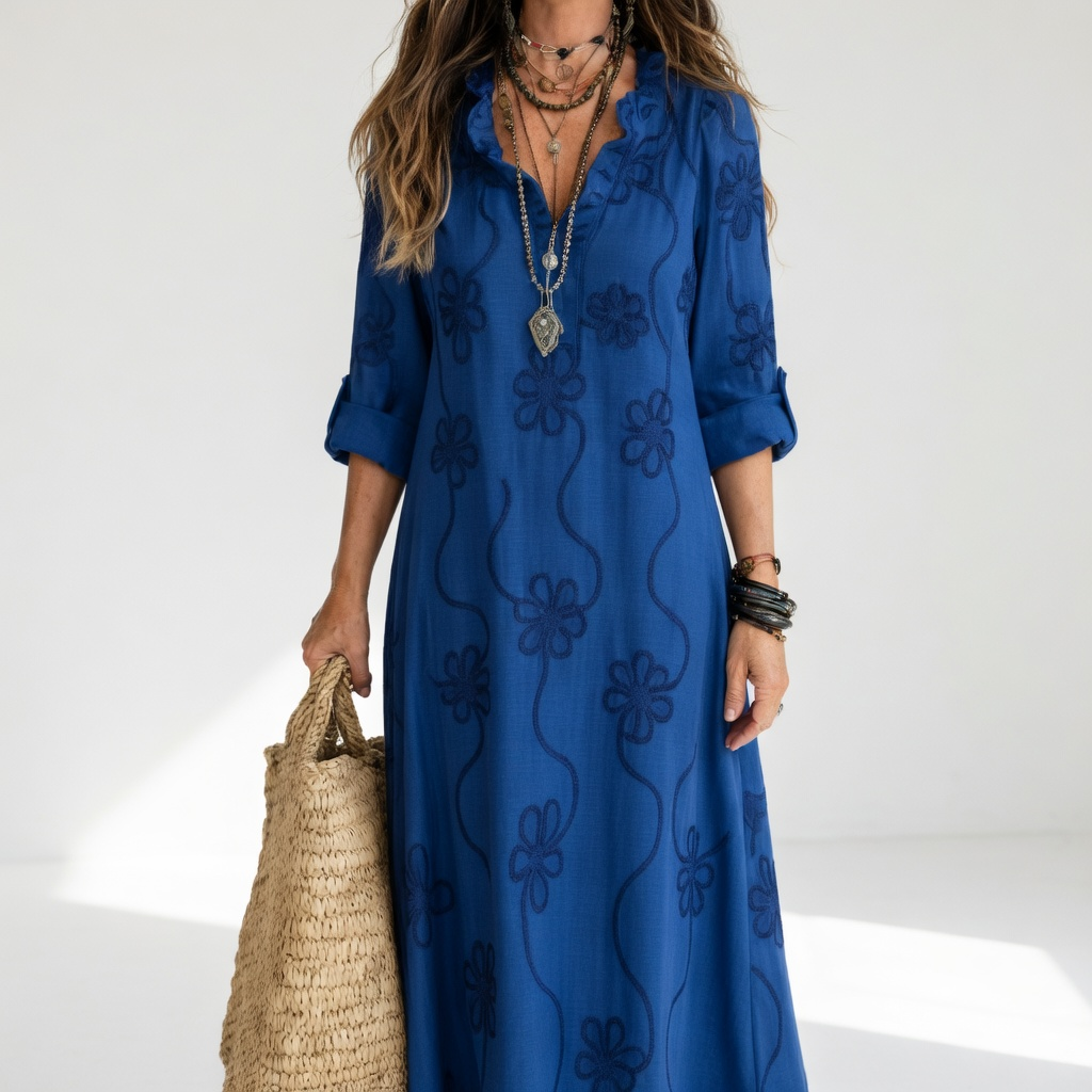 Clairette™ — Vestido maxi camisero cuello V mangas largas elegancia atemporal