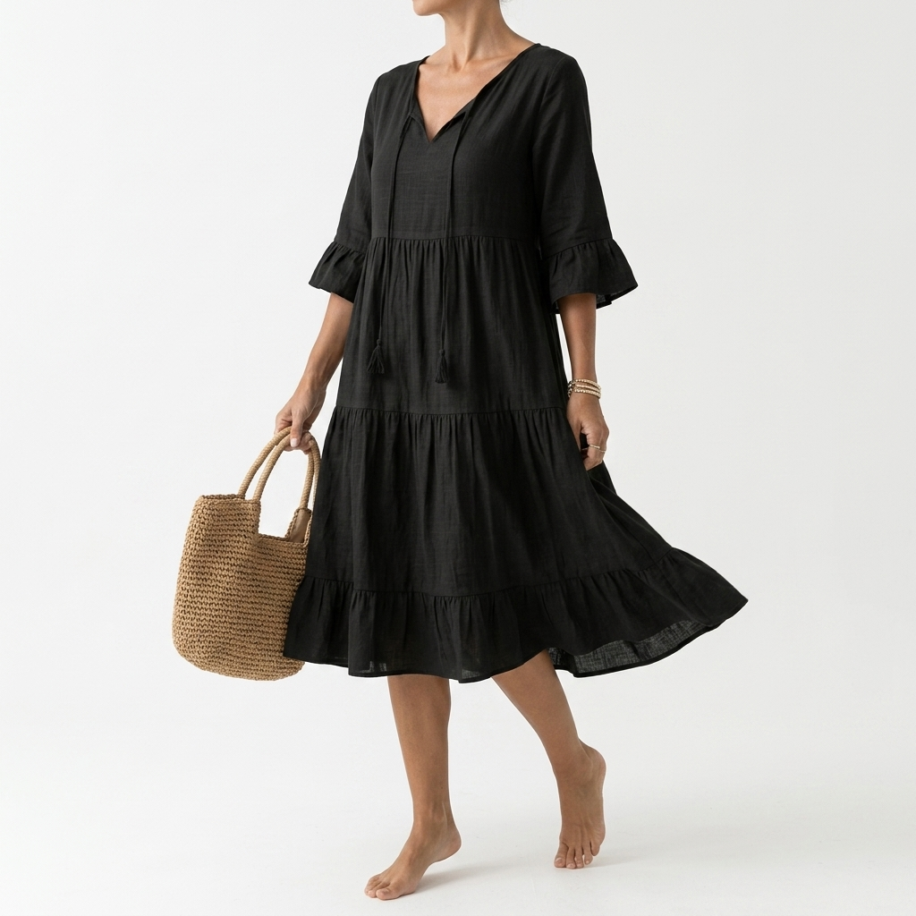 Côtelune™ — Vestido fruncido cuello V mangas con volantes