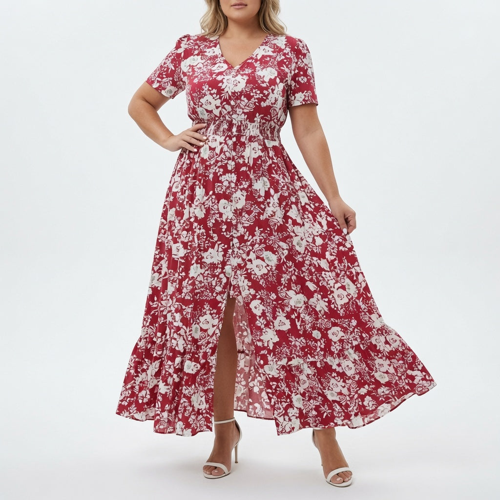 Bohémina™ — Vestido maxi floreado cuello V abertura romántica