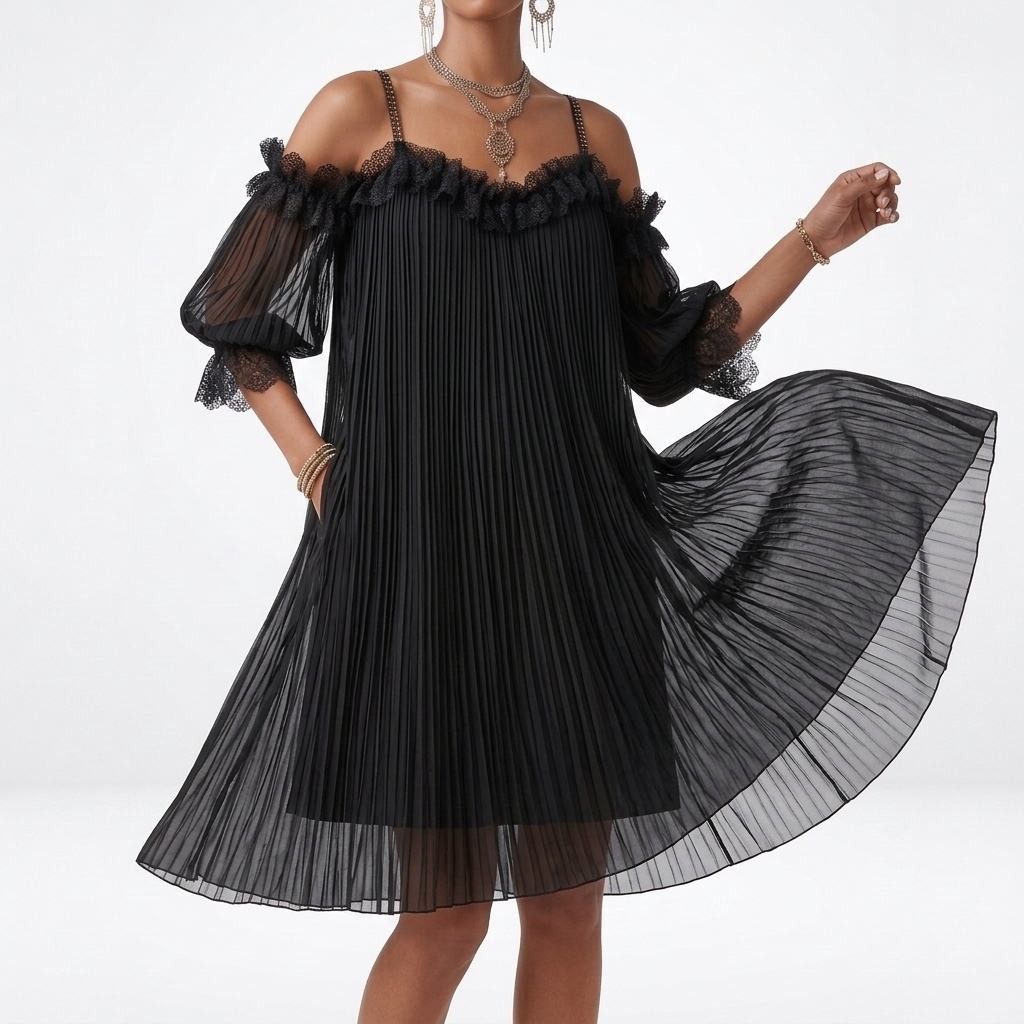 Volantine™ — Vestido corto hombros descubiertos plisado con volantes
