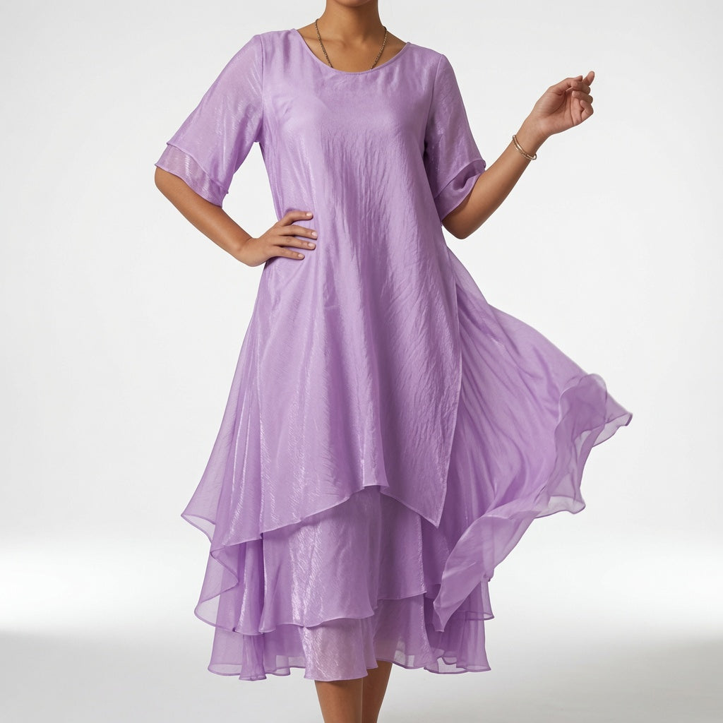 Linette™ — Vestido midi cuello redondo bajo por capas amplio