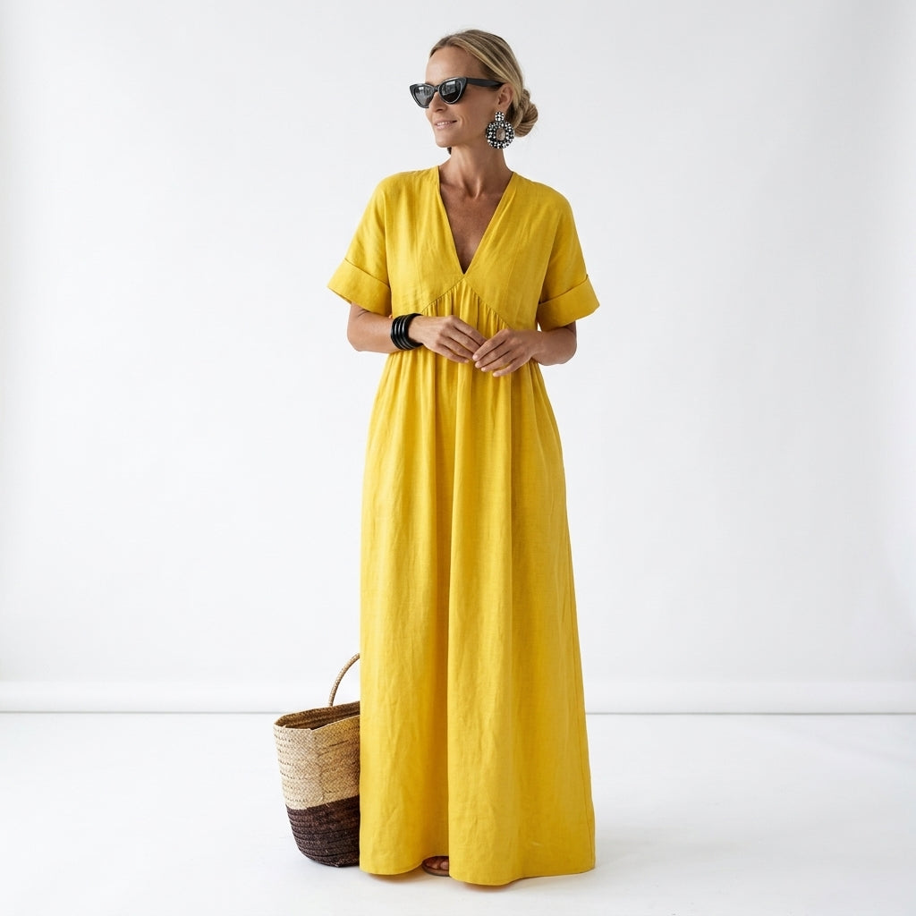 Azurine™ — Vestido maxi mediterráneo fluido vibrante