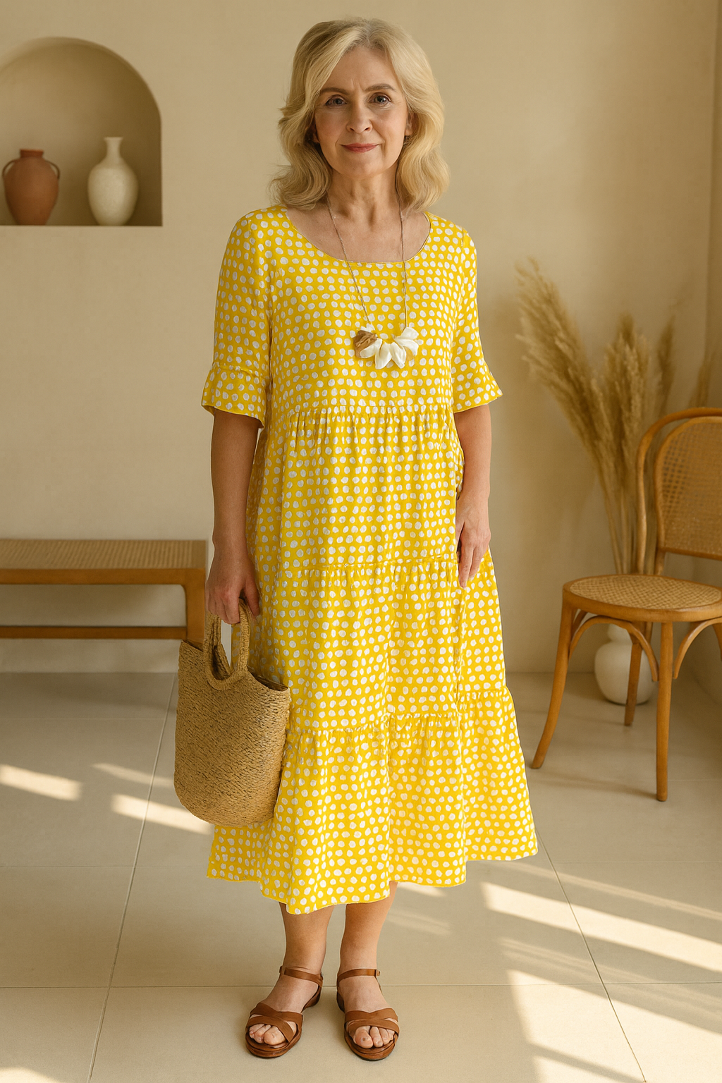 Noémie™ — Vestido midi fluido elegante natural