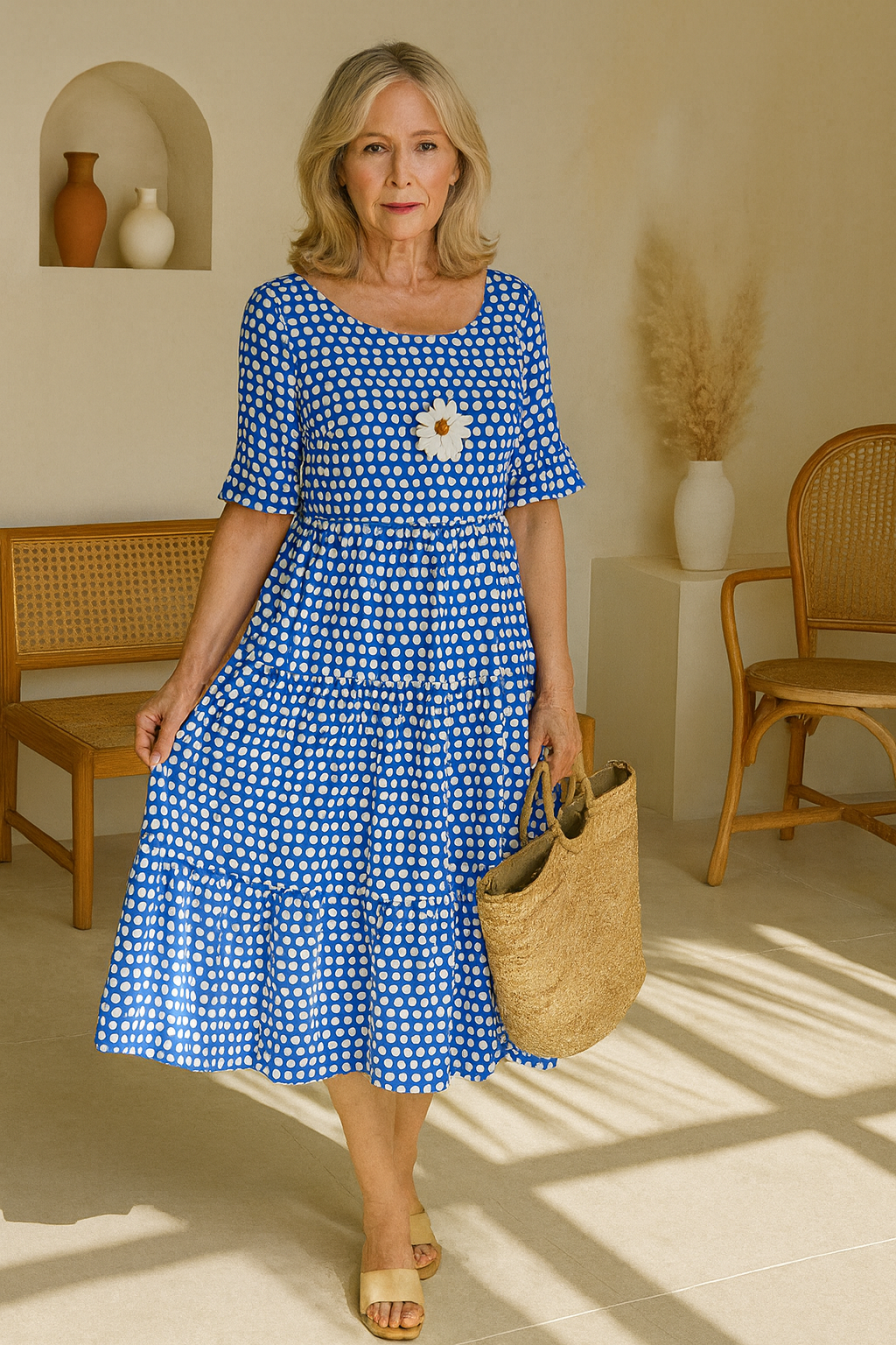Noémie™ — Vestido midi fluido elegante natural