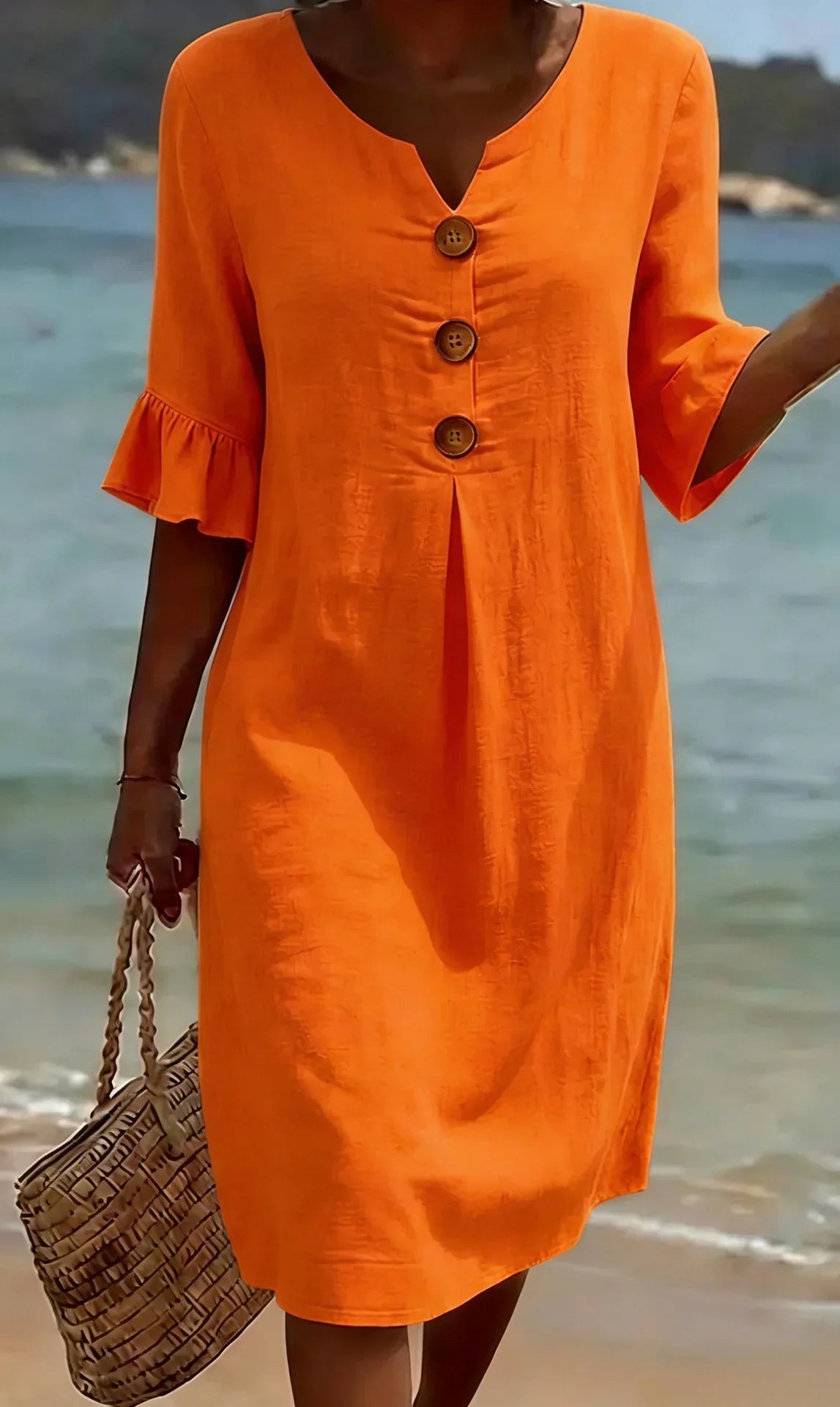 Vanesa | Vestido con textura de lino con manga abullonada y botones