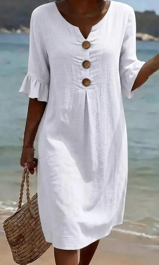 Vanesa | Vestido con textura de lino con manga abullonada y botones