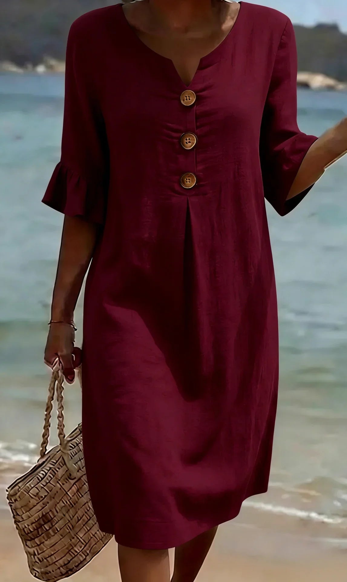 Vanesa | Vestido con textura de lino con manga abullonada y botones