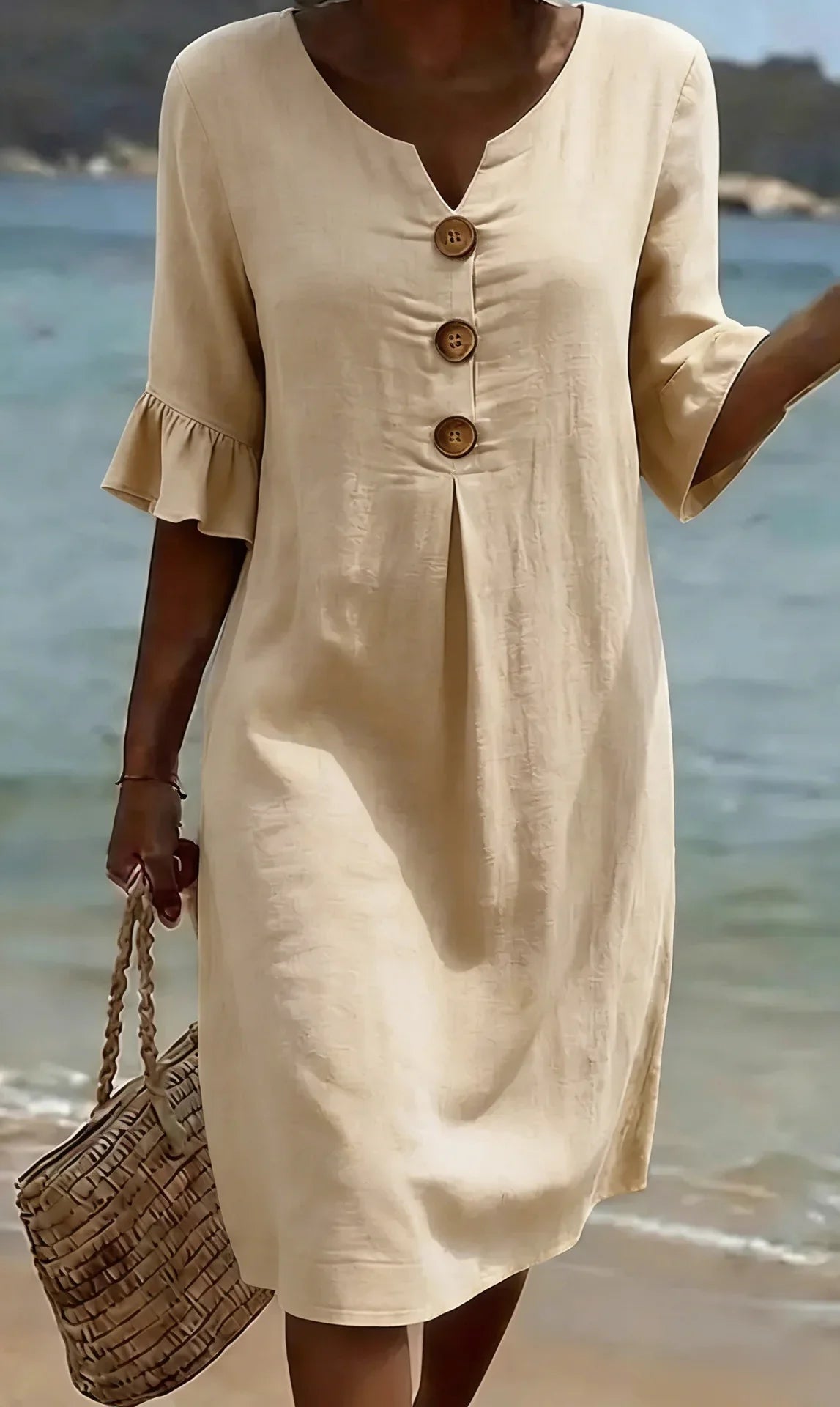 Vanesa | Vestido con textura de lino con manga abullonada y botones