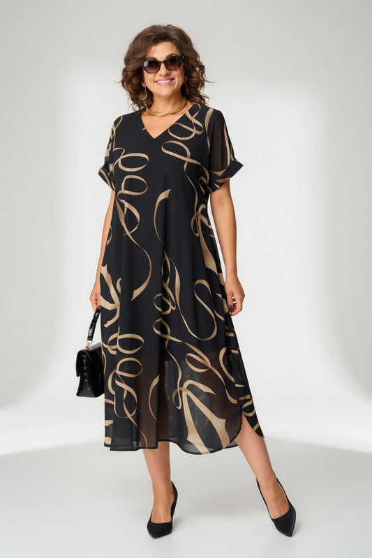 Edmée™ – Vestido fluido gráfico, elegancia con carácter