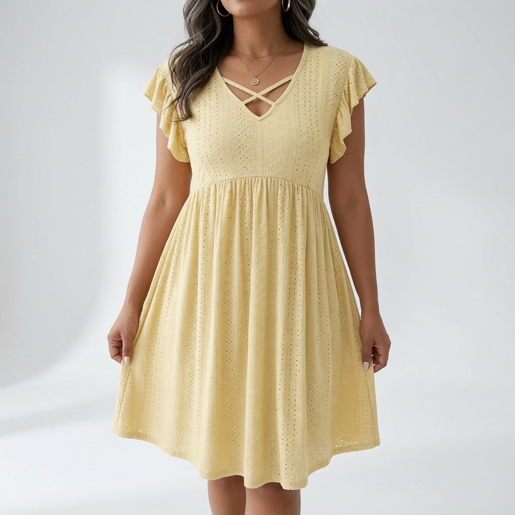 Lissette™ — Vestido corto cuello V cruzado mangas con volantes elegancia veraniega