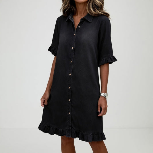 Fanette™ — Vestido camisero denim deshilachado encanto informal