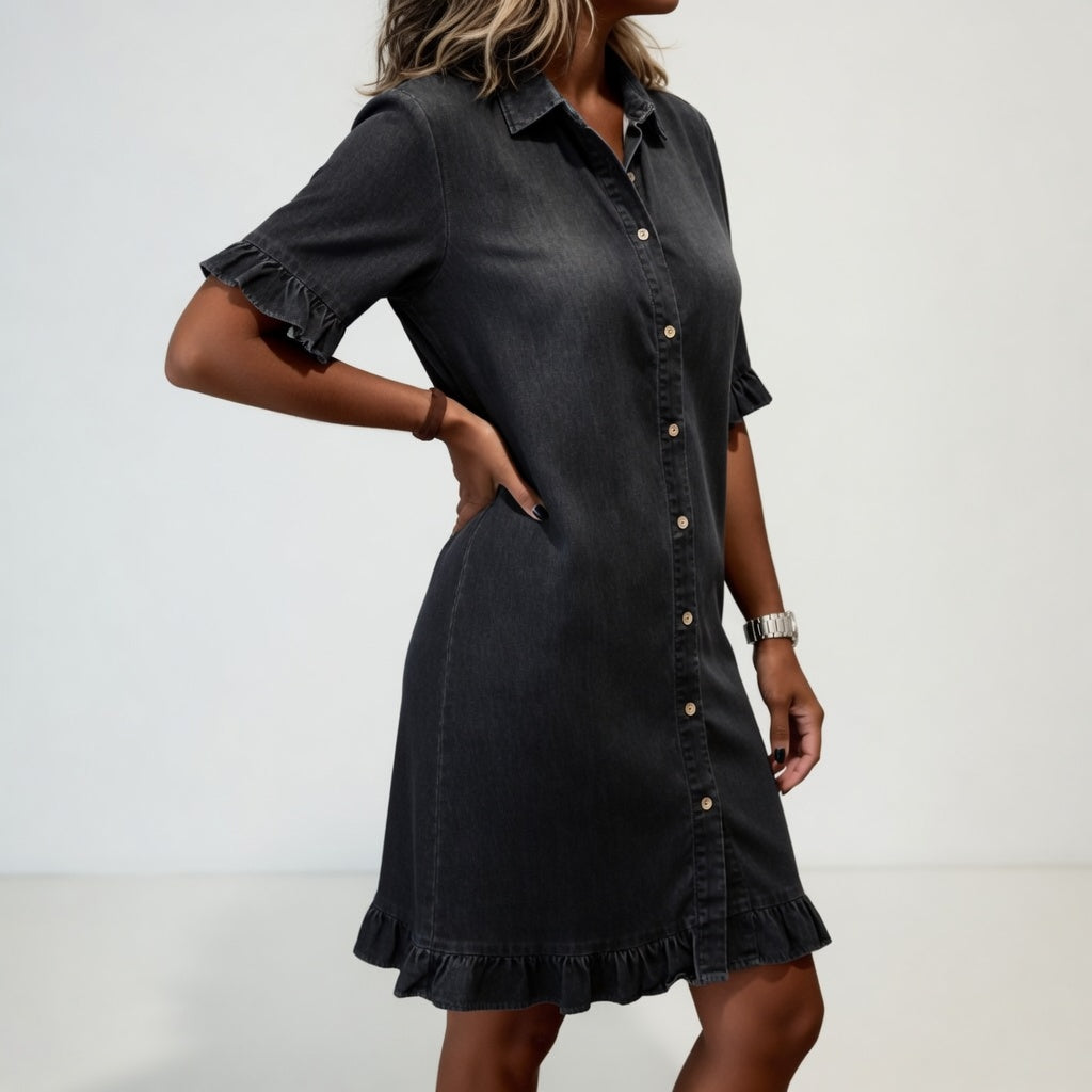Rozenn™ — Vestido camisero denim con volantes encanto informal