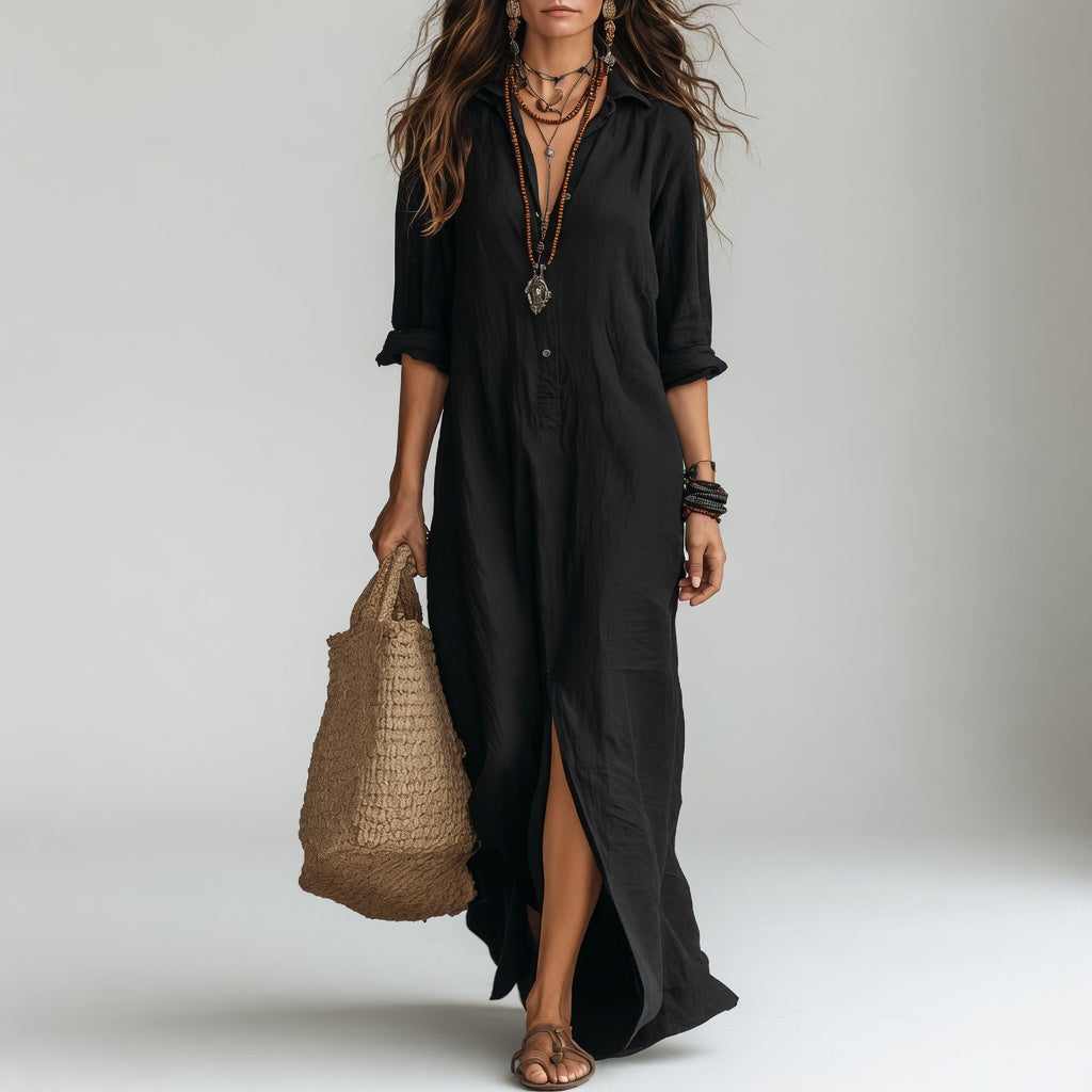 Violaine™ — Vestido largo camisero boho elegancia natural
