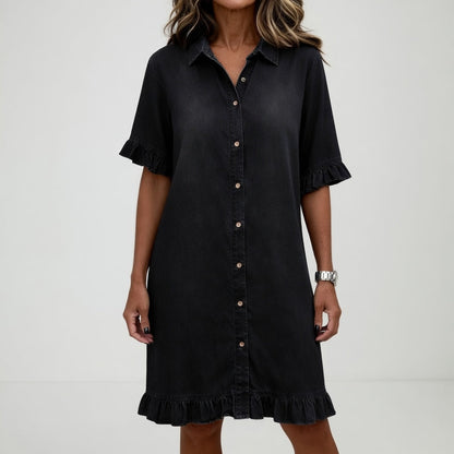 Fanette™ — Vestido camisero denim deshilachado encanto informal