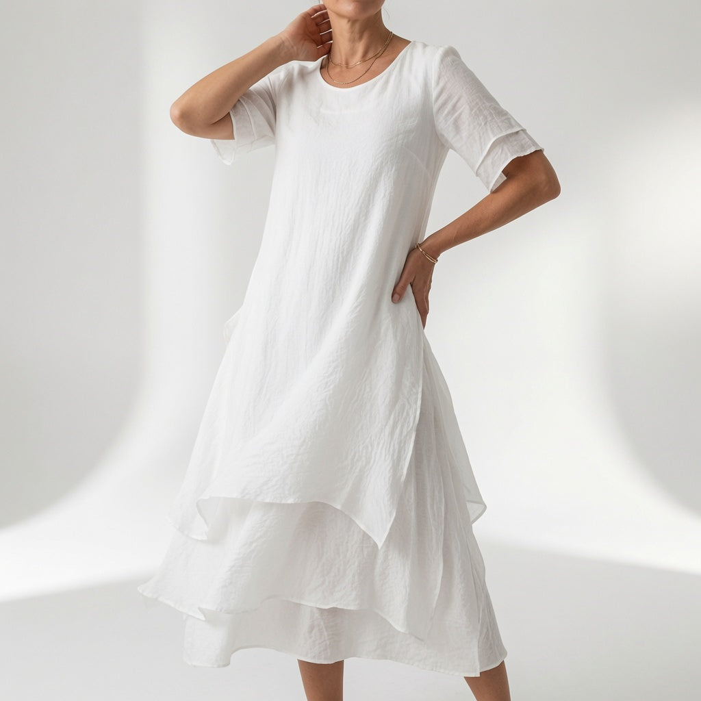 Stratéline™ — Vestido midi superpuesto mangas cortas bajo asimétrico