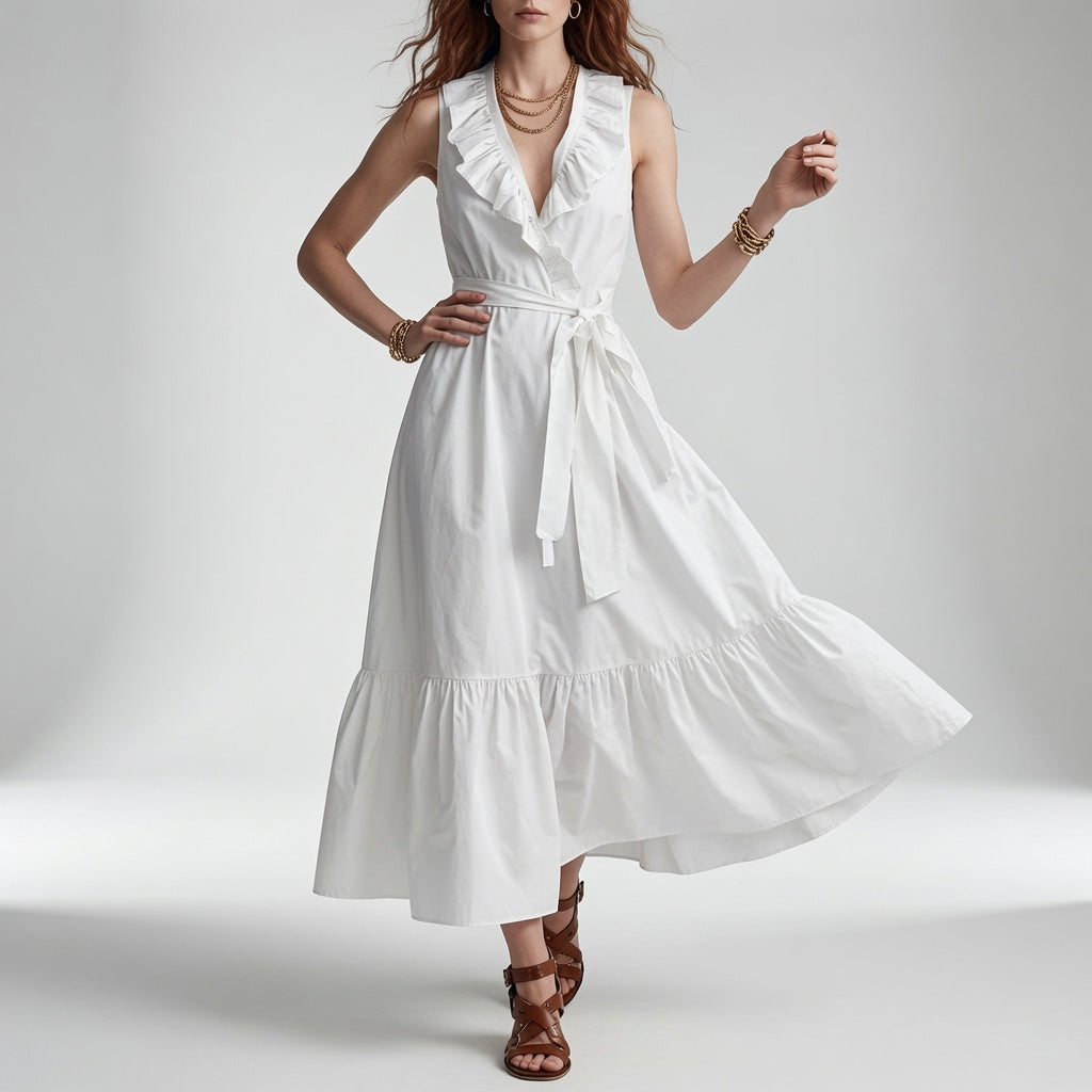 Frênaie™ — Vestido maxi cuello V volantes cinturón elegante