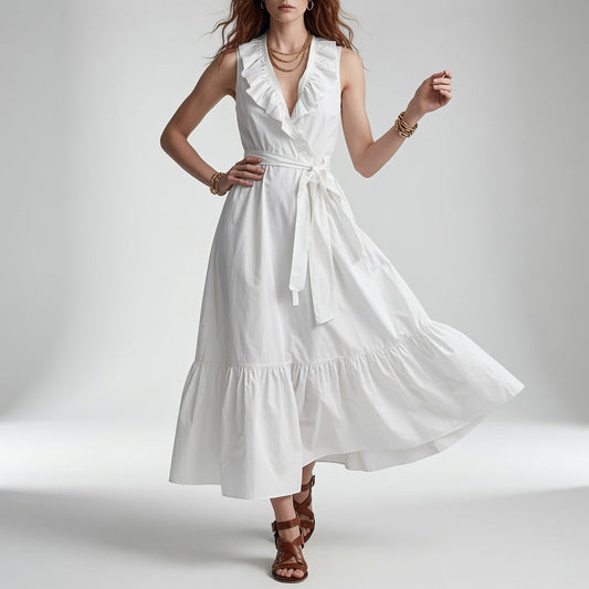 Frênaie™ — Vestido maxi cuello V volantes cinturón elegante
