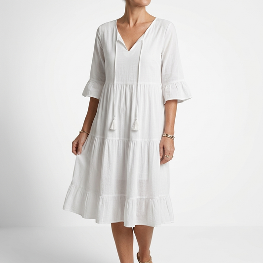 Côtelune™ — Vestido fruncido cuello V mangas con volantes