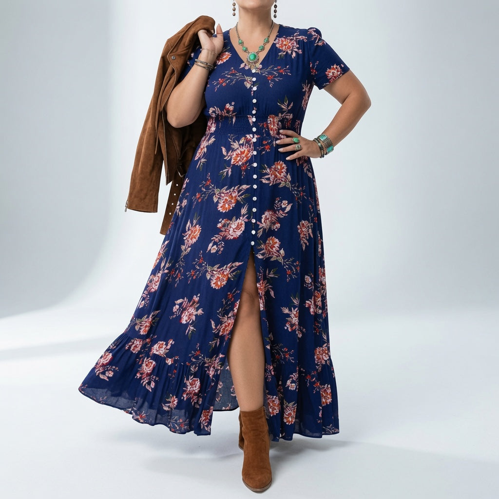 Bohémina™ — Vestido maxi floreado cuello V abertura romántica