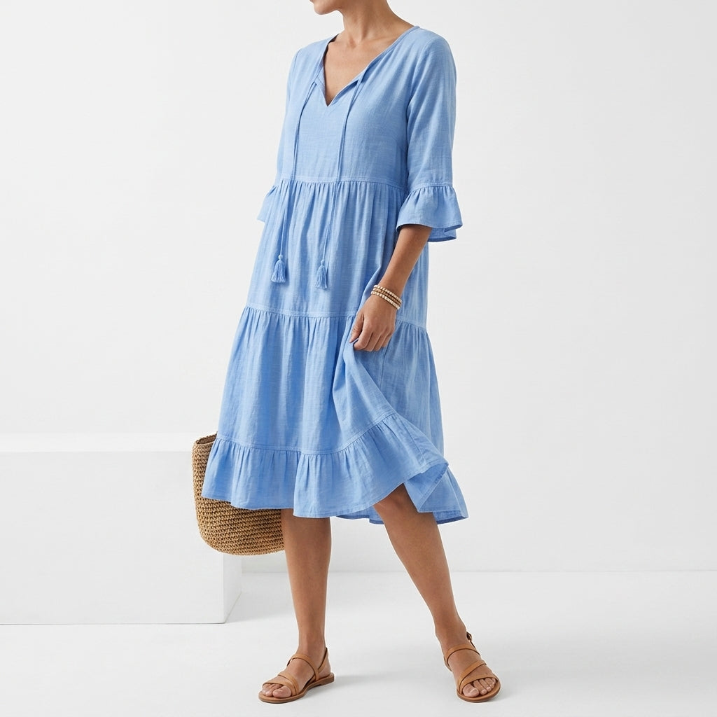Côtelune™ — Vestido fruncido cuello V mangas con volantes