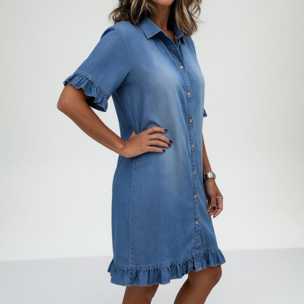 Fanette™ — Vestido camisero denim deshilachado encanto informal