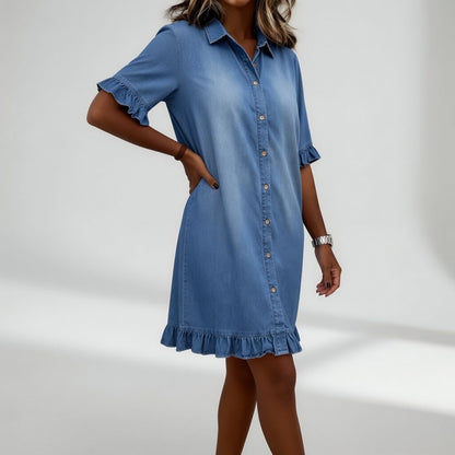 Rozenn™ — Vestido camisero denim con volantes encanto informal