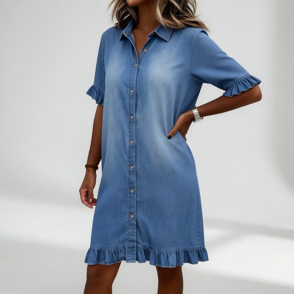 Rozenn™ — Vestido camisero denim con volantes encanto informal