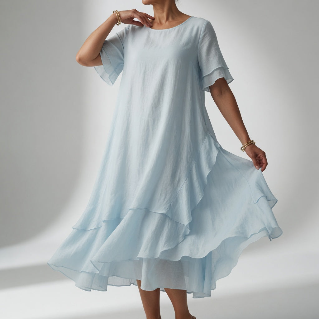 Stratéline™ — Vestido midi superpuesto mangas cortas bajo asimétrico