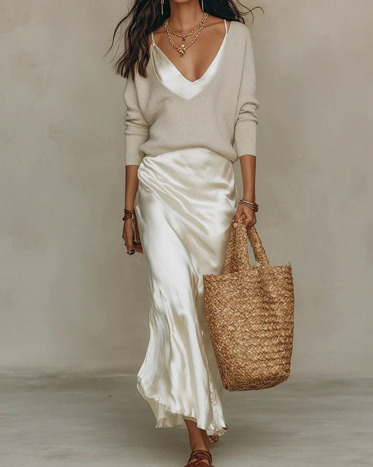 Elena | Vestido midi satinado con jersey incluido