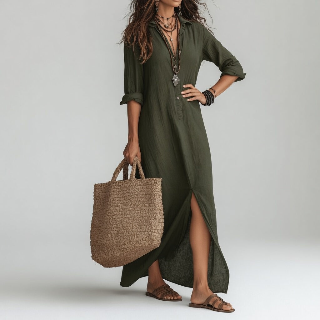 Violaine™ — Vestido largo camisero boho elegancia natural