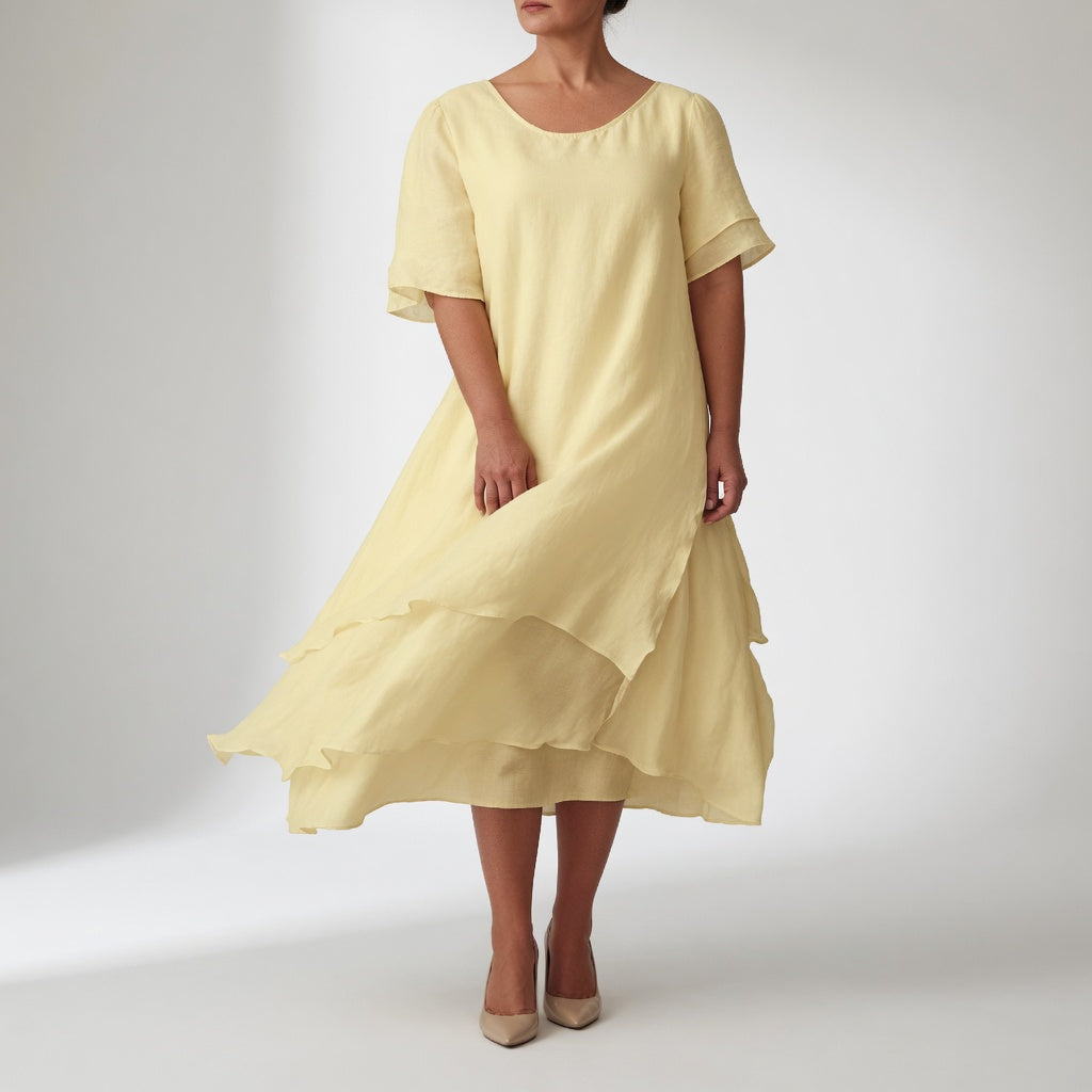 Stratéline™ — Vestido midi superpuesto mangas cortas bajo asimétrico