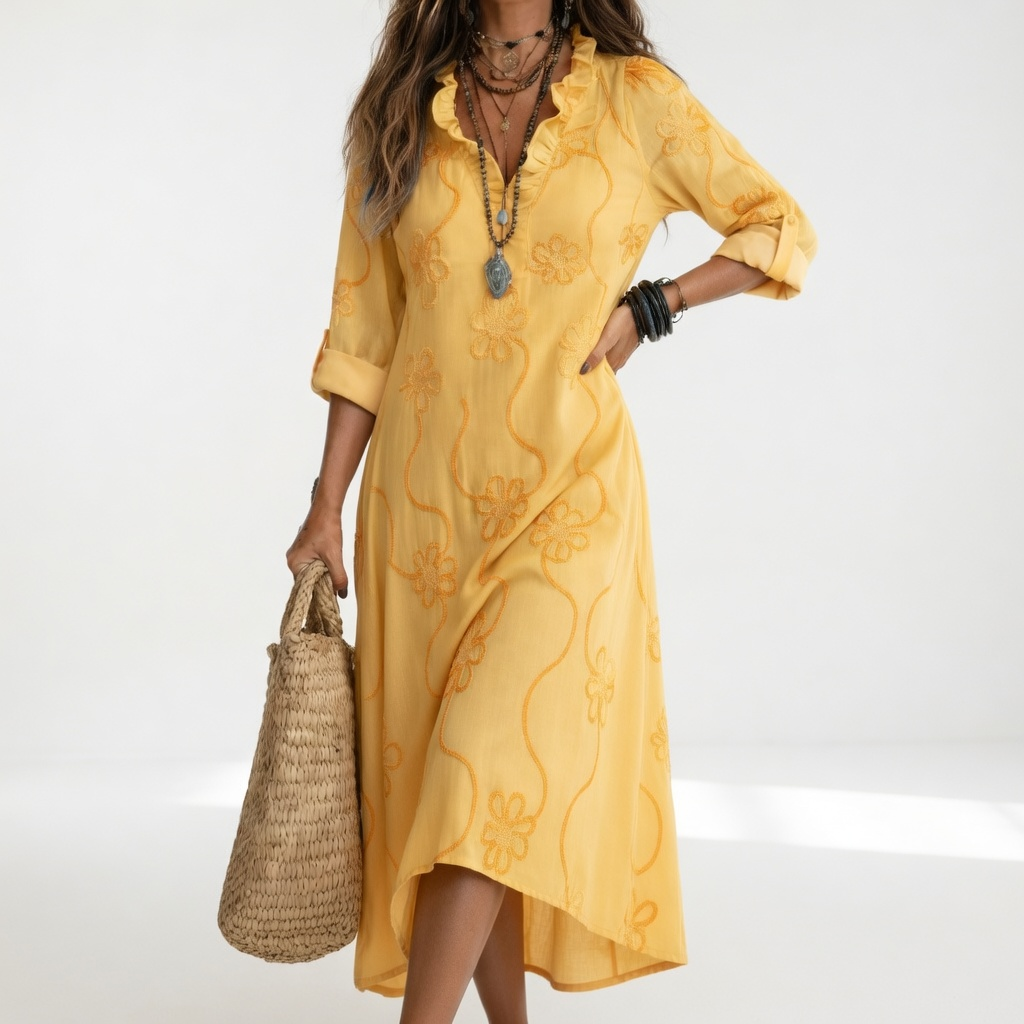 Clairette™ — Vestido maxi camisero cuello V mangas largas elegancia atemporal