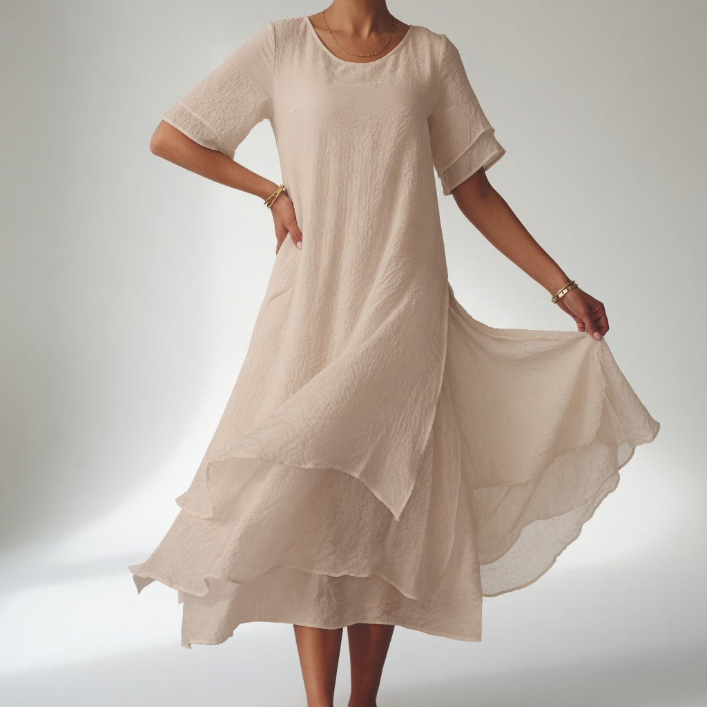 Stratéline™ — Vestido midi superpuesto mangas cortas bajo asimétrico