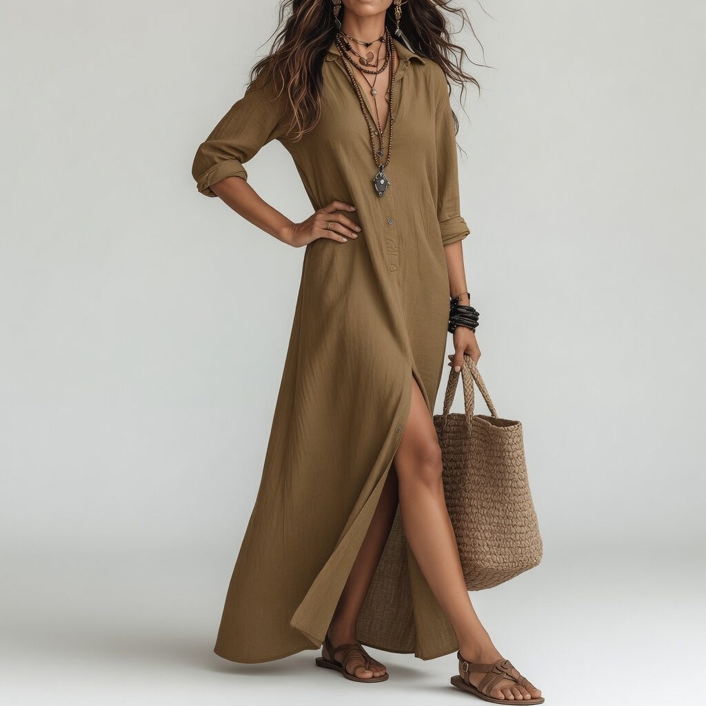Violaine™ — Vestido largo camisero boho elegancia natural