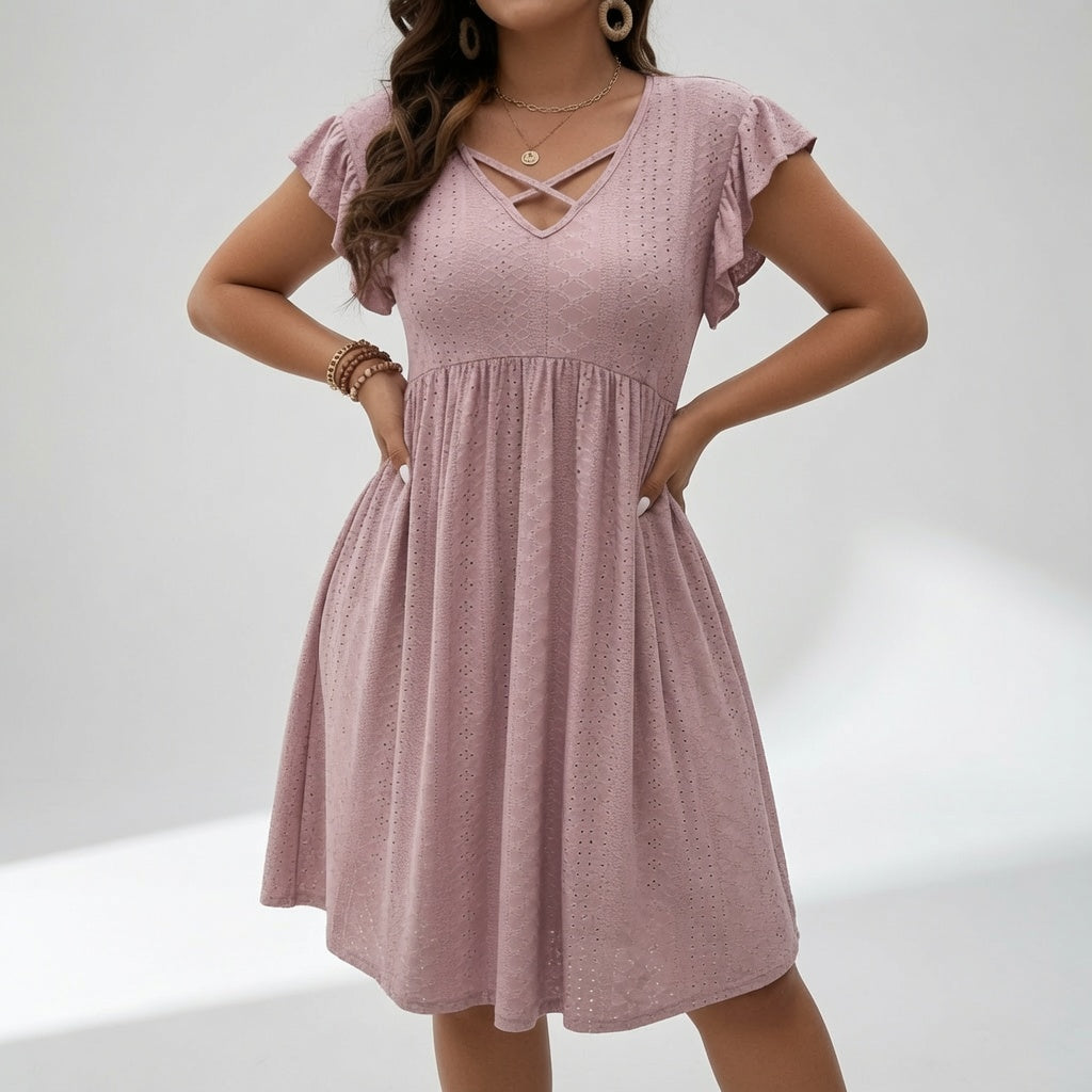 Lissette™ — Vestido corto cuello V cruzado mangas con volantes elegancia veraniega