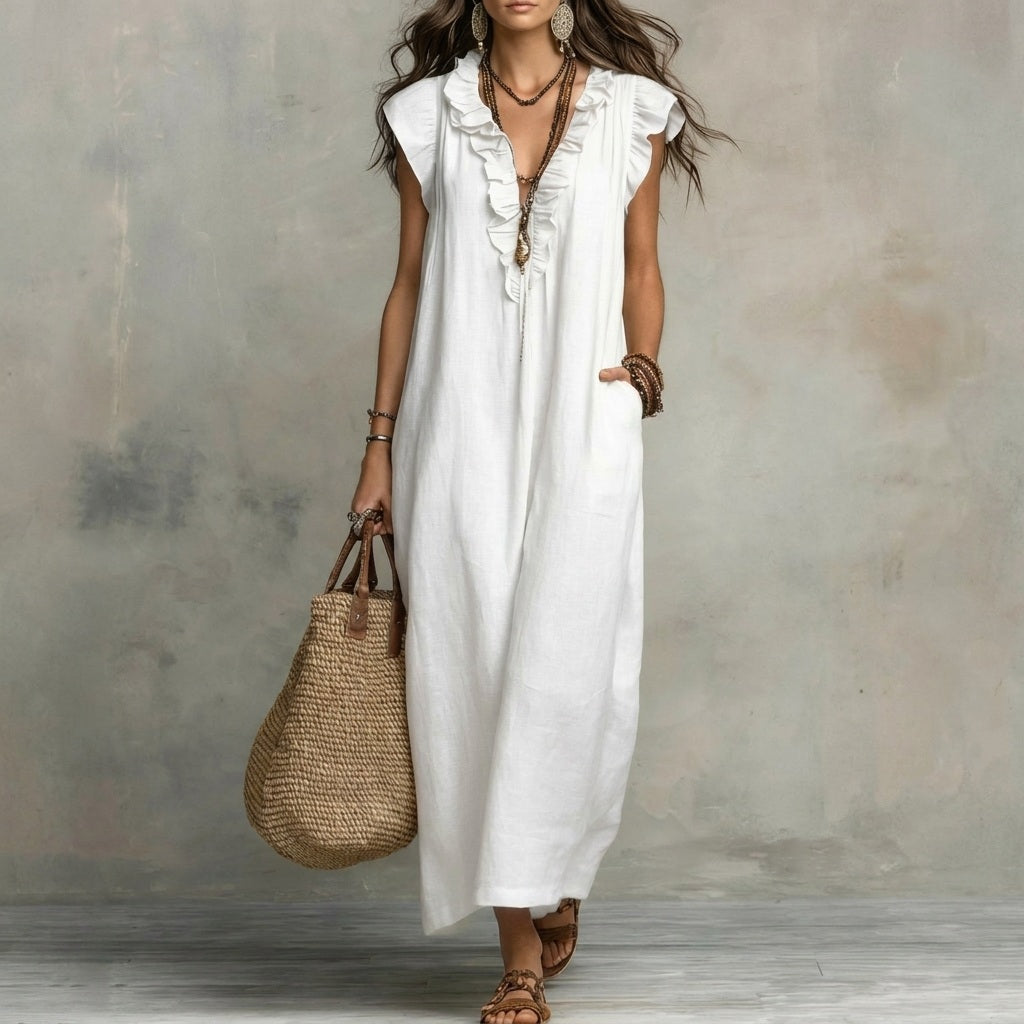 Josefina | Vestido largo con textura de lino con escote en pico y volantes