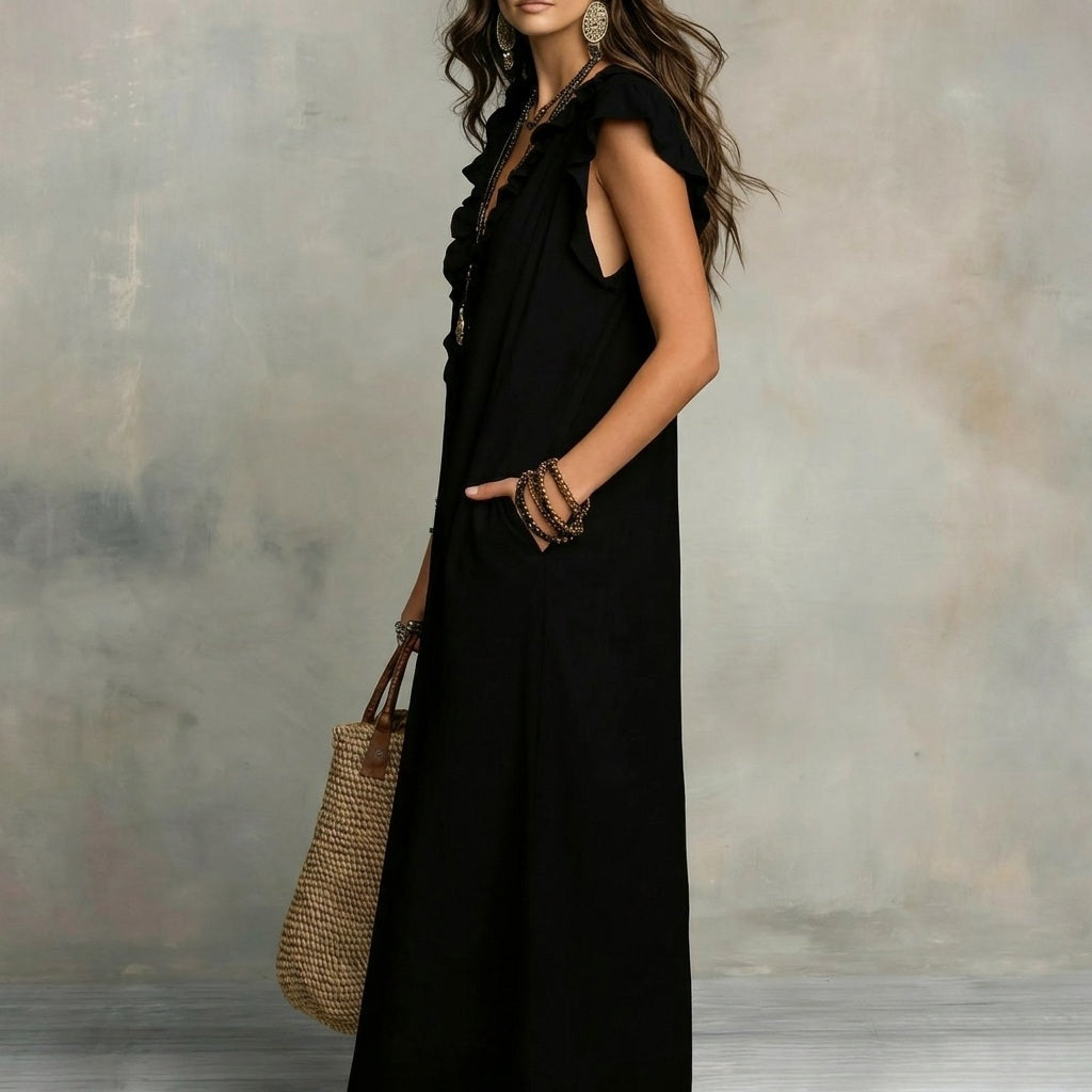 Josefina | Vestido largo con textura de lino con escote en pico y volantes