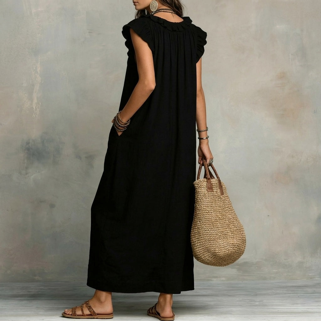 Josefina | Vestido largo con textura de lino con escote en pico y volantes