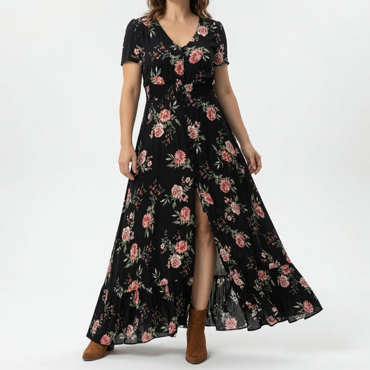 Bohémina™ — Vestido maxi floreado cuello V abertura romántica