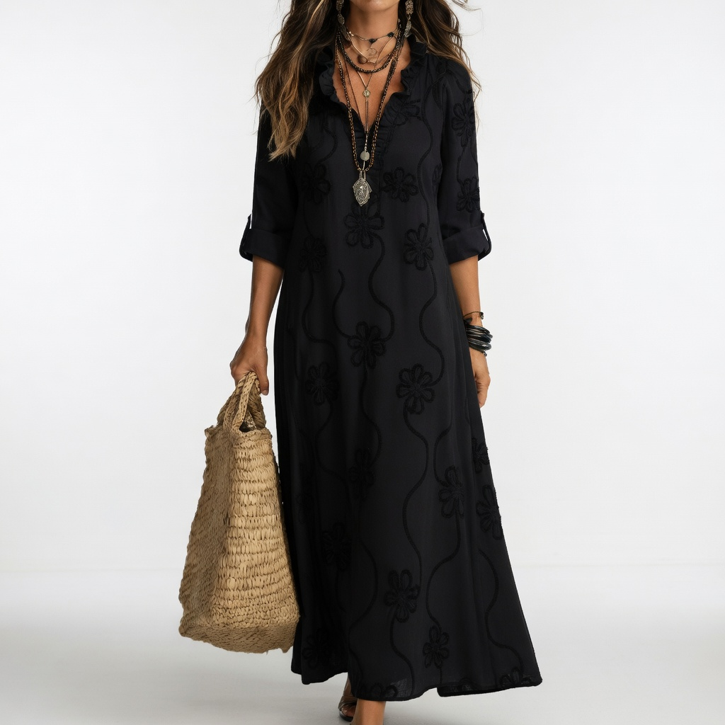 Clairette™ — Vestido maxi camisero cuello V mangas largas elegancia atemporal