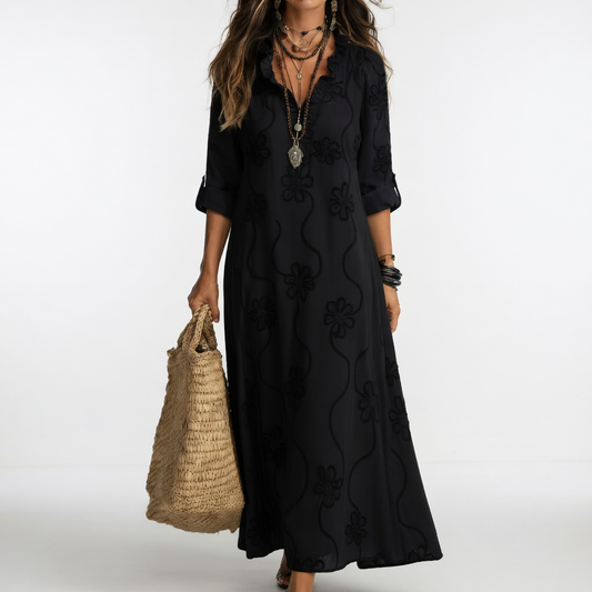 Clairette™ — Vestido maxi camisero cuello V mangas largas elegancia atemporal