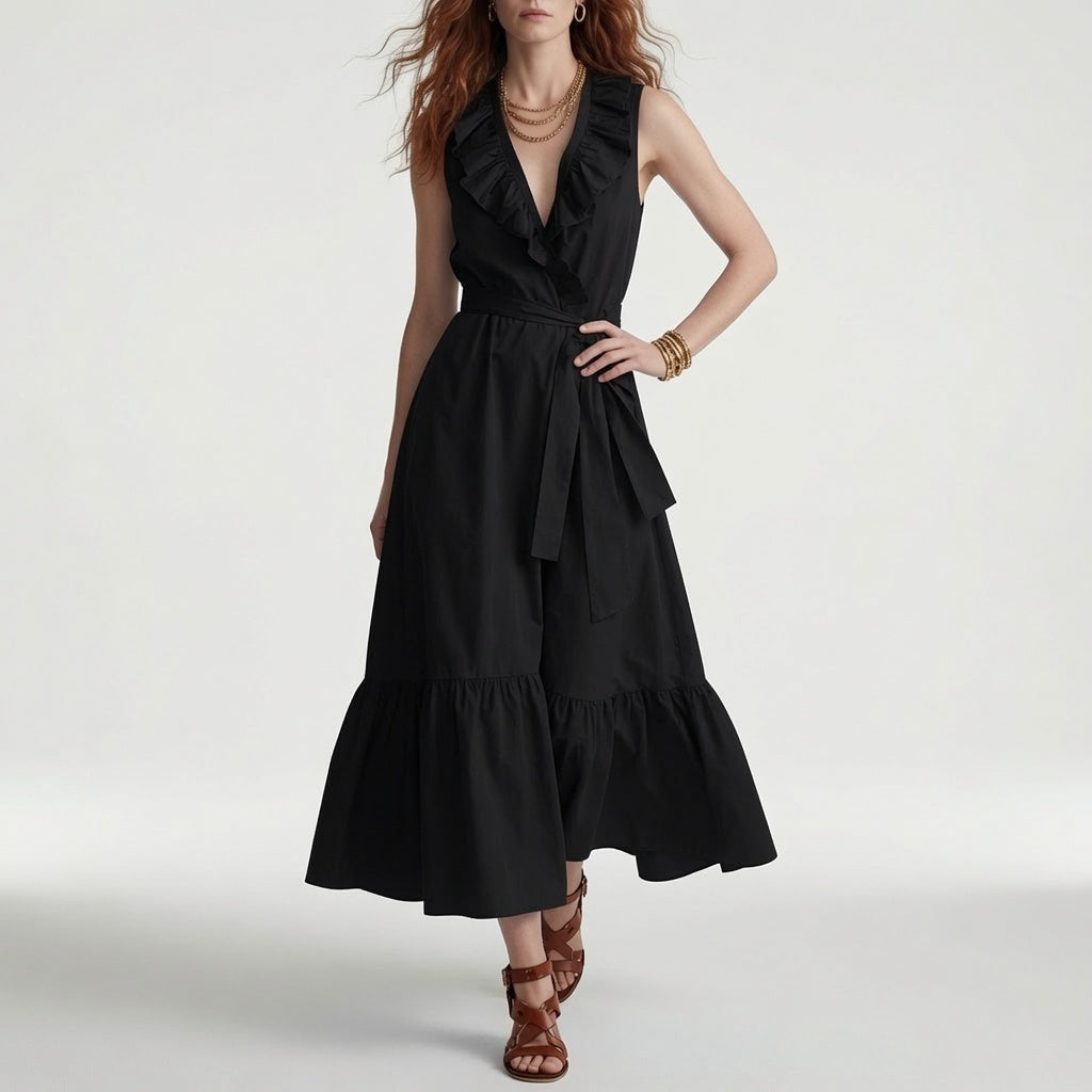 Frênaie™ — Vestido maxi cuello V volantes cinturón elegante