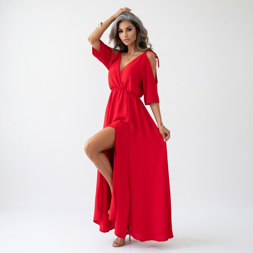 Cyriane™ — Vestido maxi cuello V profundo mangas mariposa abertura elegancia vibrante