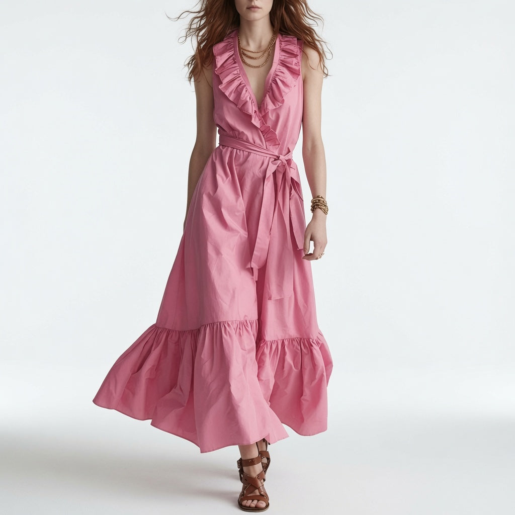 Frênaie™ — Vestido maxi cuello V volantes cinturón elegante