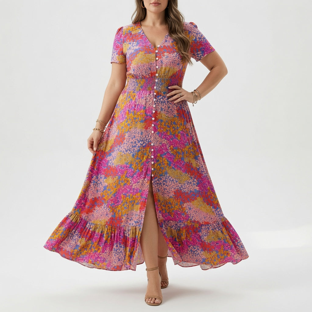 Bohémina™ — Vestido maxi floreado cuello V abertura romántica