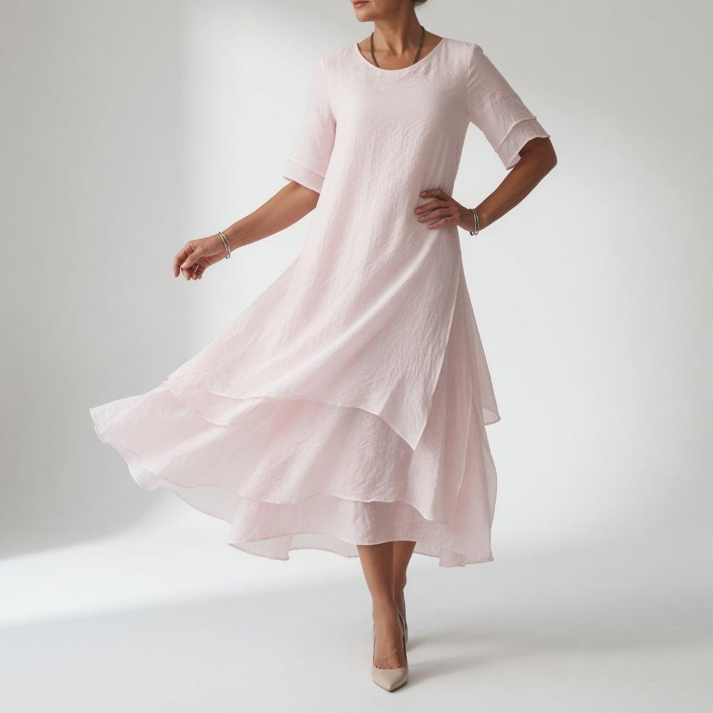 Stratéline™ — Vestido midi superpuesto mangas cortas bajo asimétrico