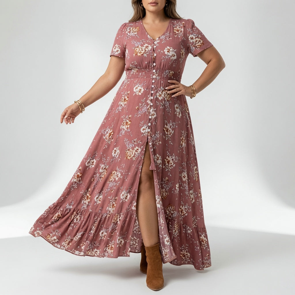 Bohémina™ — Vestido maxi floreado cuello V abertura romántica