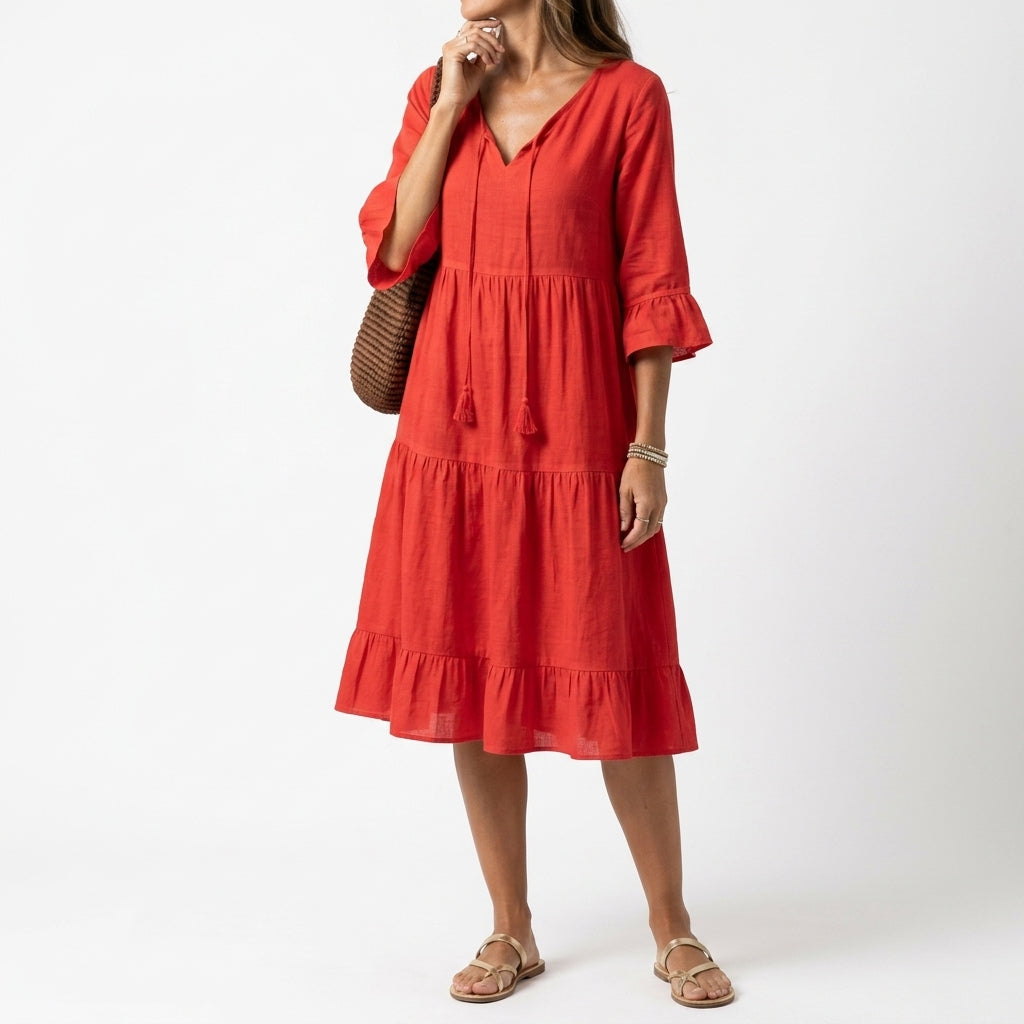 Côtelune™ — Vestido fruncido cuello V mangas con volantes