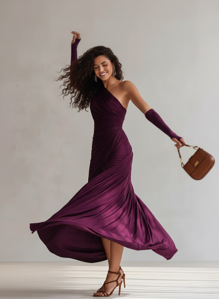 Isadora™ — Vestido maxi drapeado un hombro