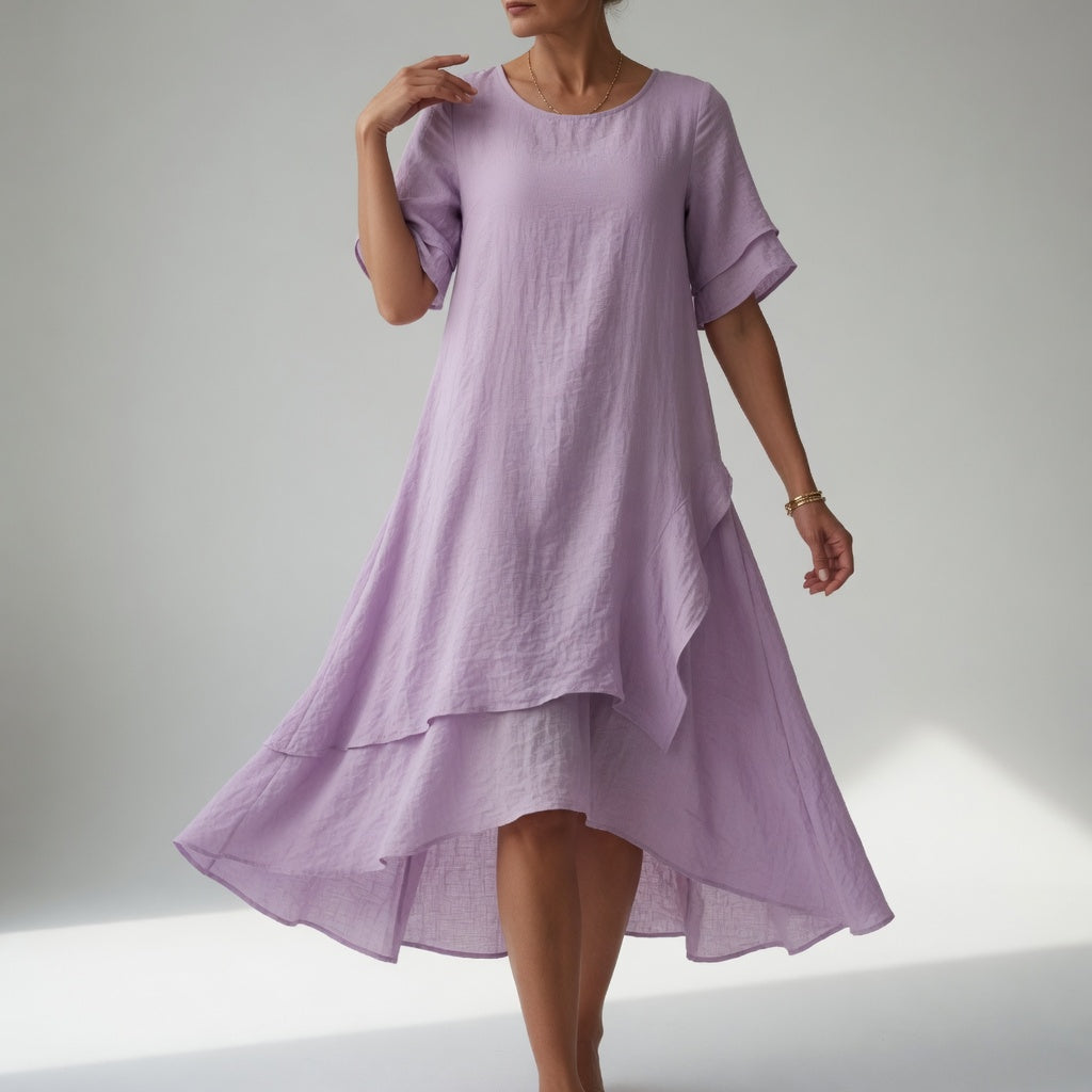 Stratéline™ — Vestido midi superpuesto mangas cortas bajo asimétrico